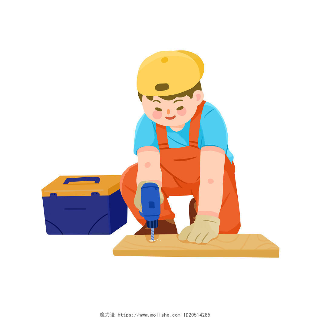 手绘卡通劳动节装修工人钉木板元素卡通装修工人元素
